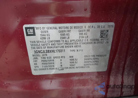 2017 Chevrolet Trax Lt from USA, damaged, VIN 3GNCJLSBXHL179311